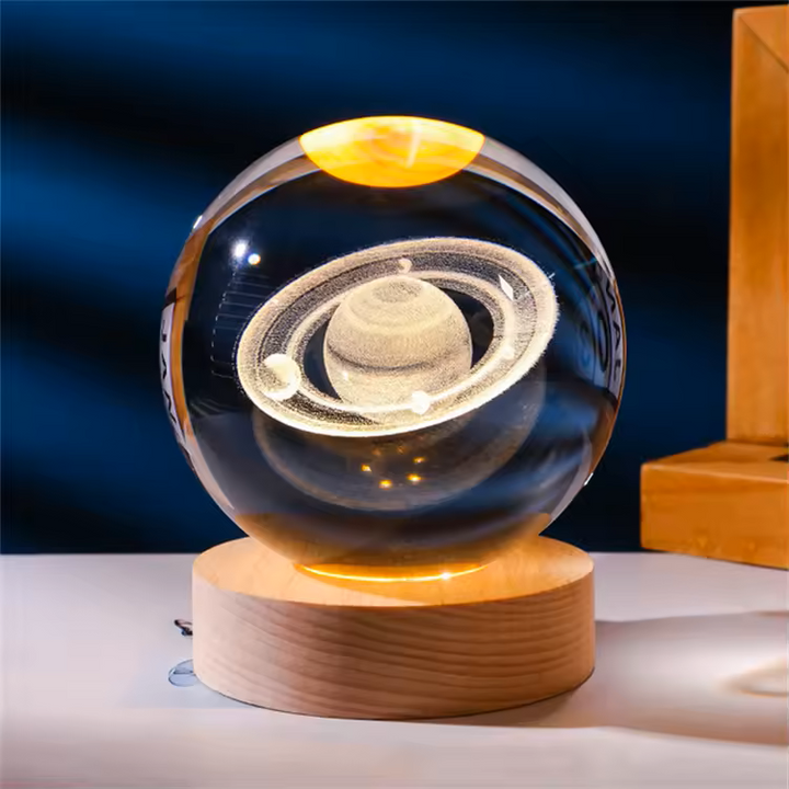 3D Crystal Ball LED Lamp with Engraved Solar System and Wooden Base