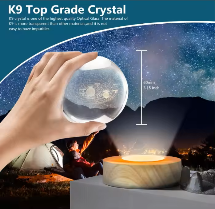 3D Crystal Ball LED Lamp with Engraved Solar System and Wooden Base